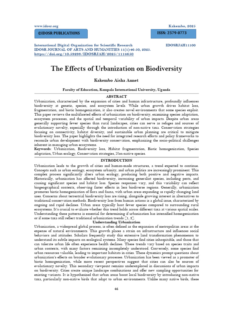 Urbanization's Effects on Biodiversity | PDF | Biodiversity | Ecosystem