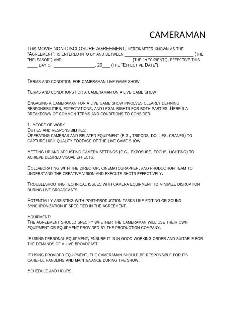 CAMERAMANAGREEMENT | PDF | Non Disclosure Agreement | Justice
