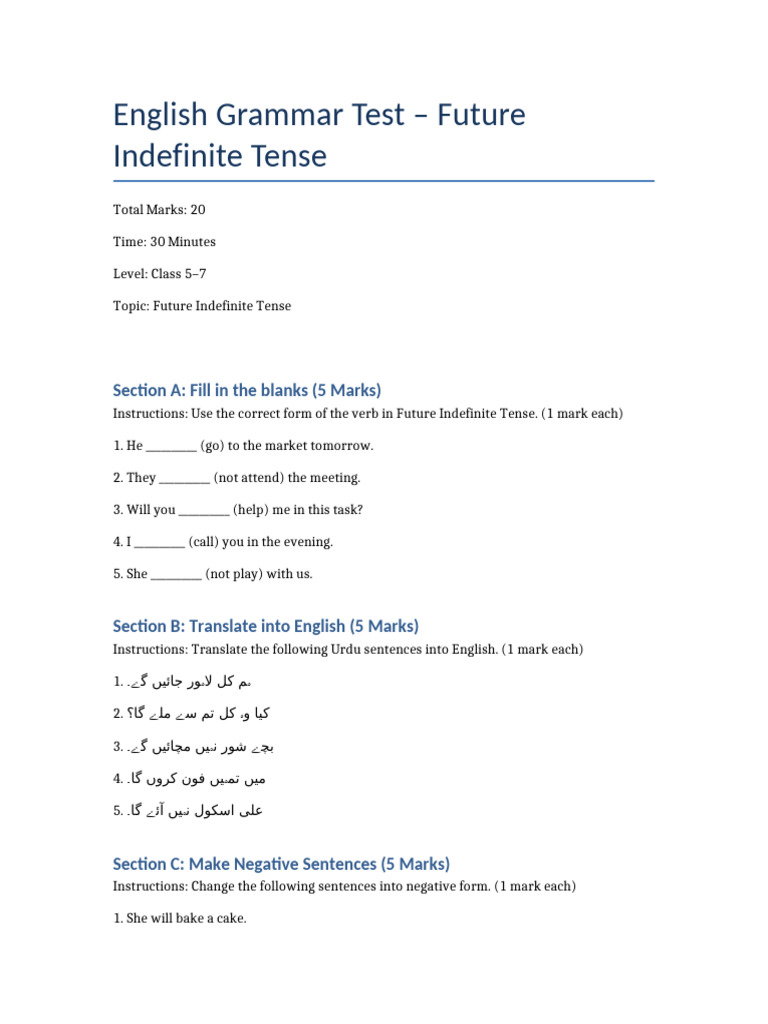 Future Indefinite Tense Worksheet | PDF
