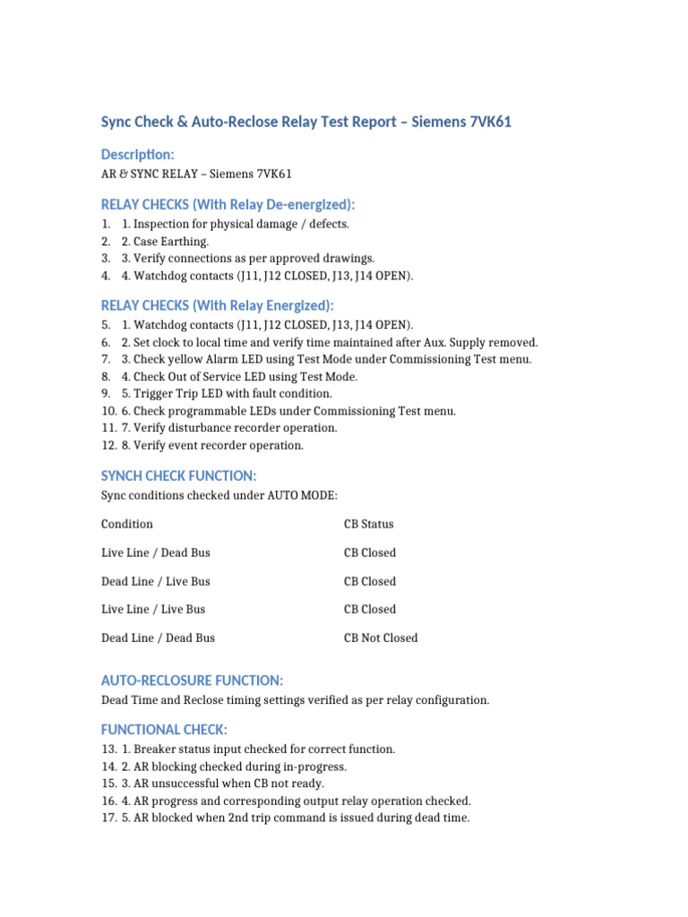 Siemens 7VK61 Relay Test Report | PDF