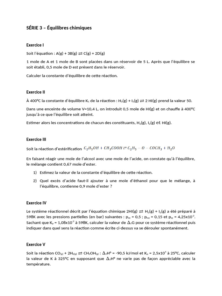 Équilibres chimiques : exercices et calculs | PDF