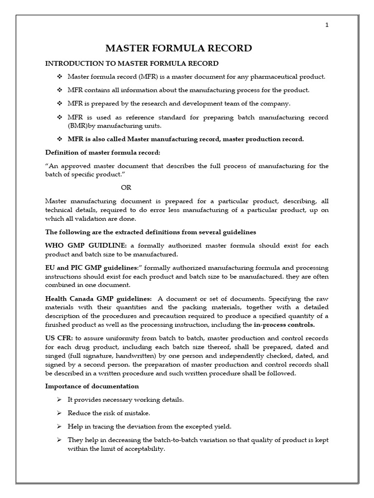 Master Formula Record Overview | PDF | Generic Drug | Food And Drug ...
