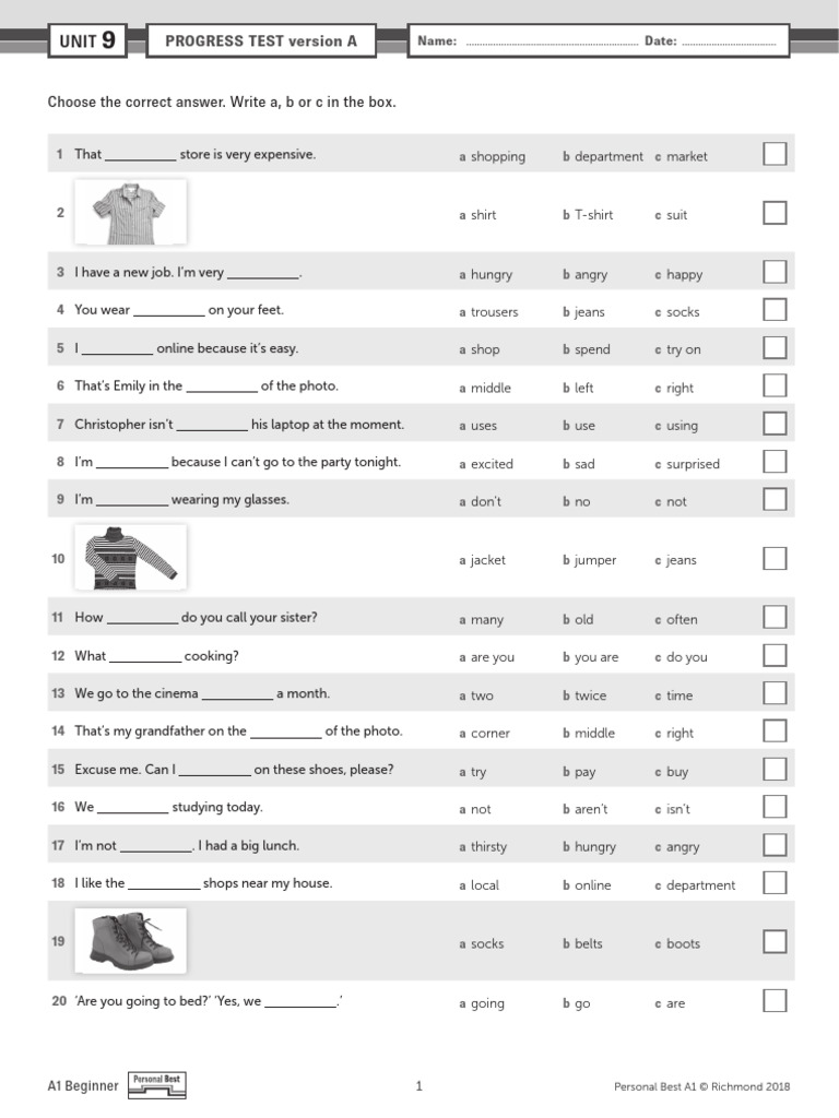 A1 Beginner English Progress Test | PDF | Clothing | Fashion