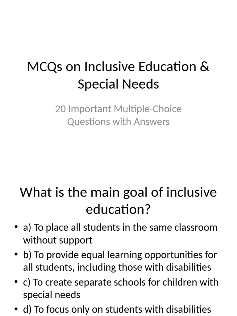 MCQs on Inclusive Education & Special Needs | PDF | Inclusion ...
