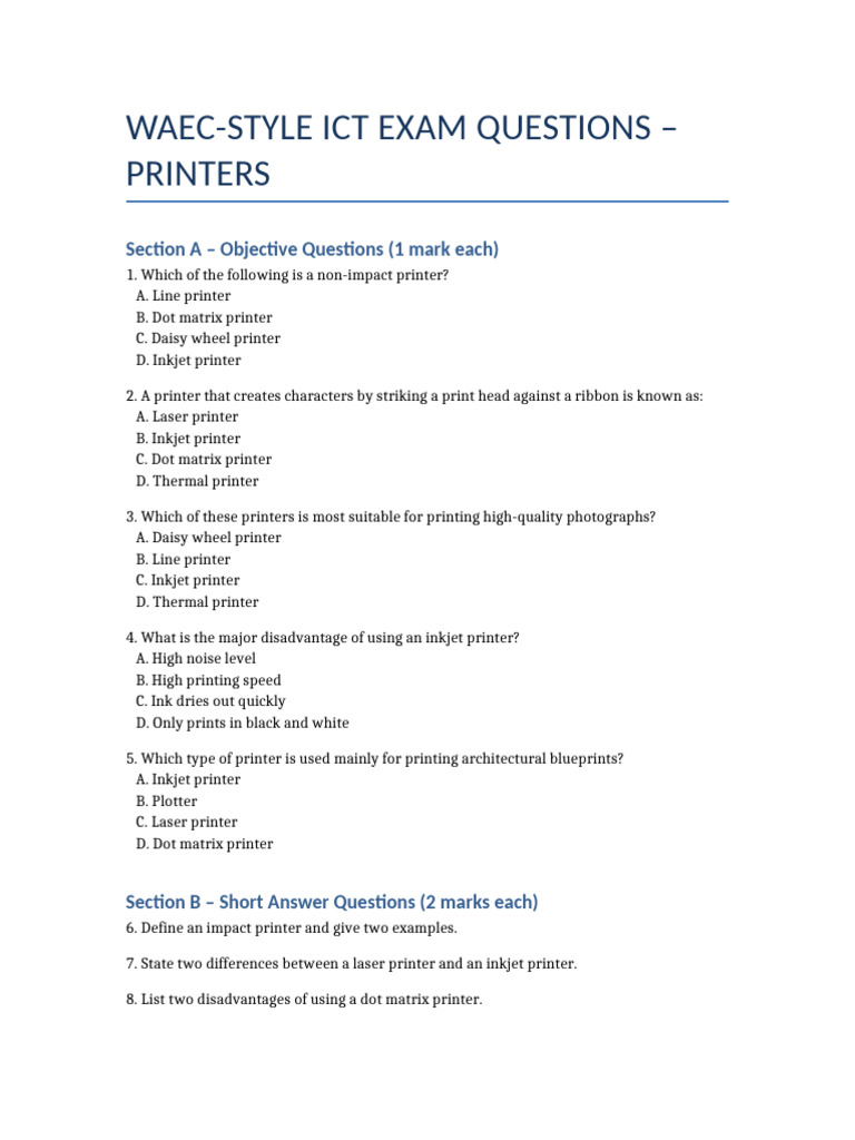 WAEC Printer Questions and MarkScheme | PDF | Printer (Computing ...