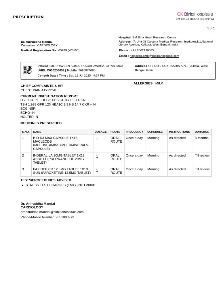 Chest Pain Prescription Report | PDF