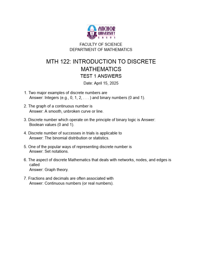 MTH 122 Discrete Math Test 1 Answers | PDF