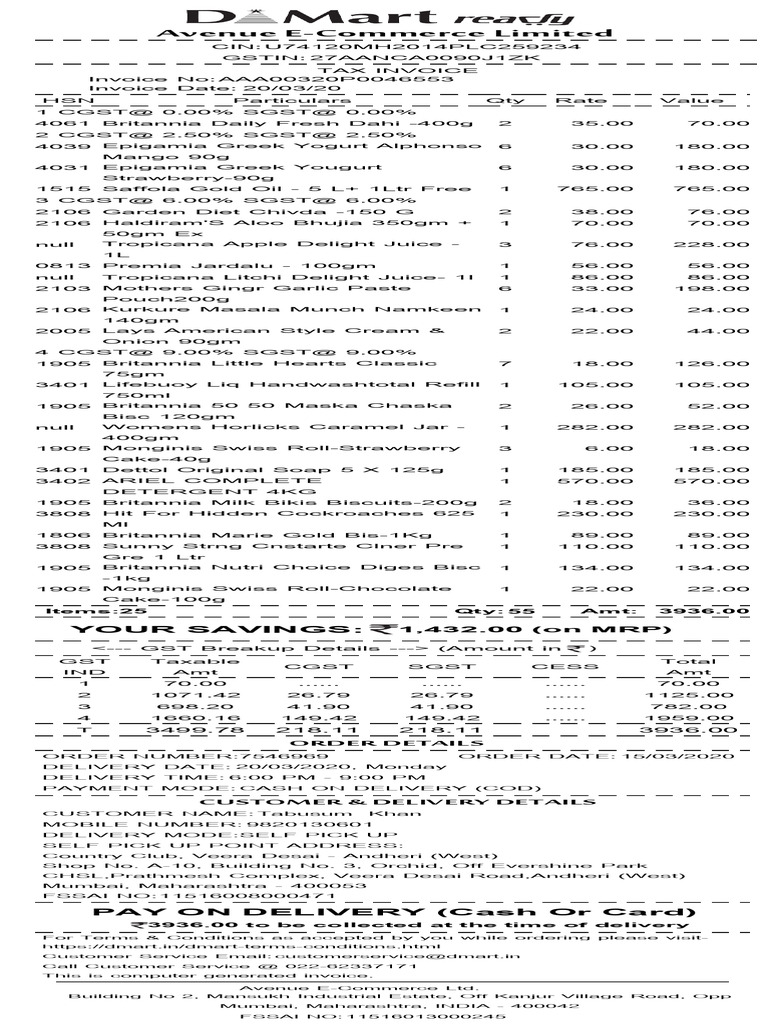 D-Mart GST Invoice Sample | PDF | Payments | Foods