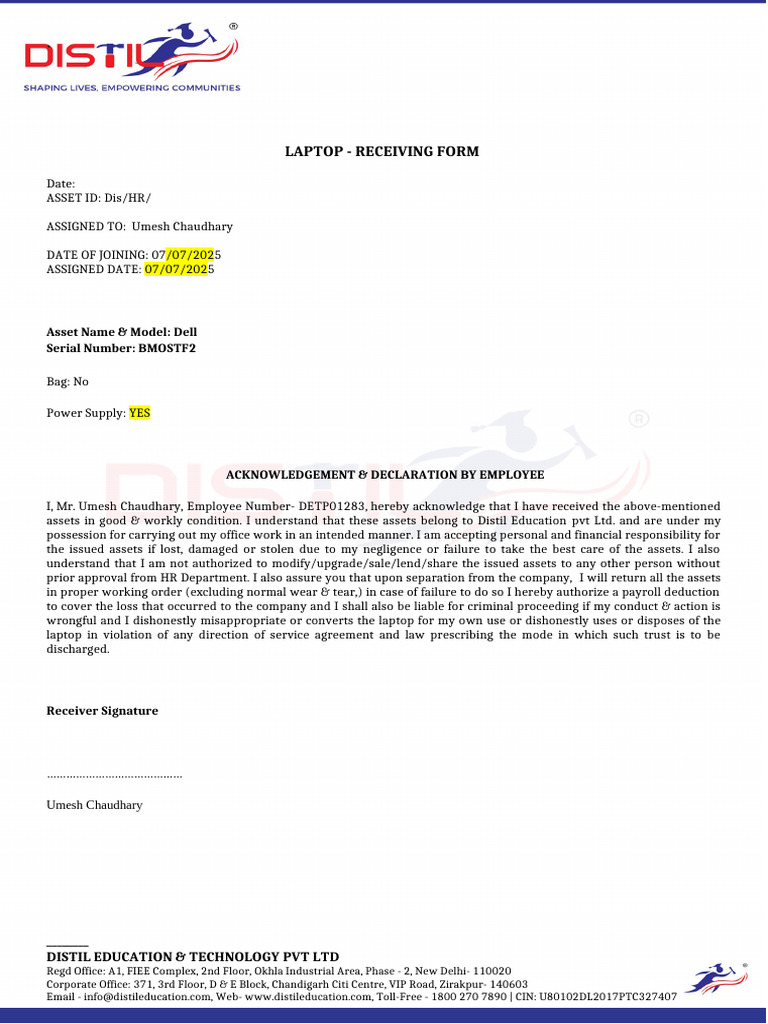 Laptop Receiving Form | PDF