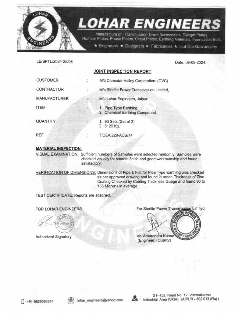 Inspection Report - Pipe Type Earthing - DVC Project | PDF