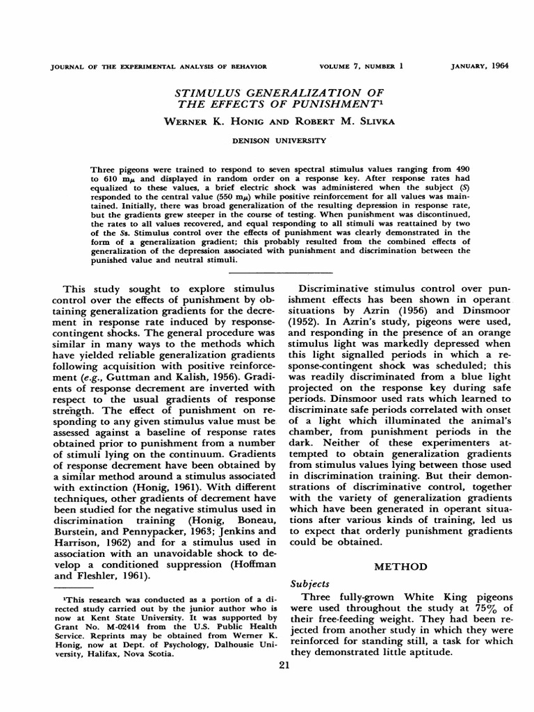 Stimulus Generalization of The Effects of Punishment | PDF ...