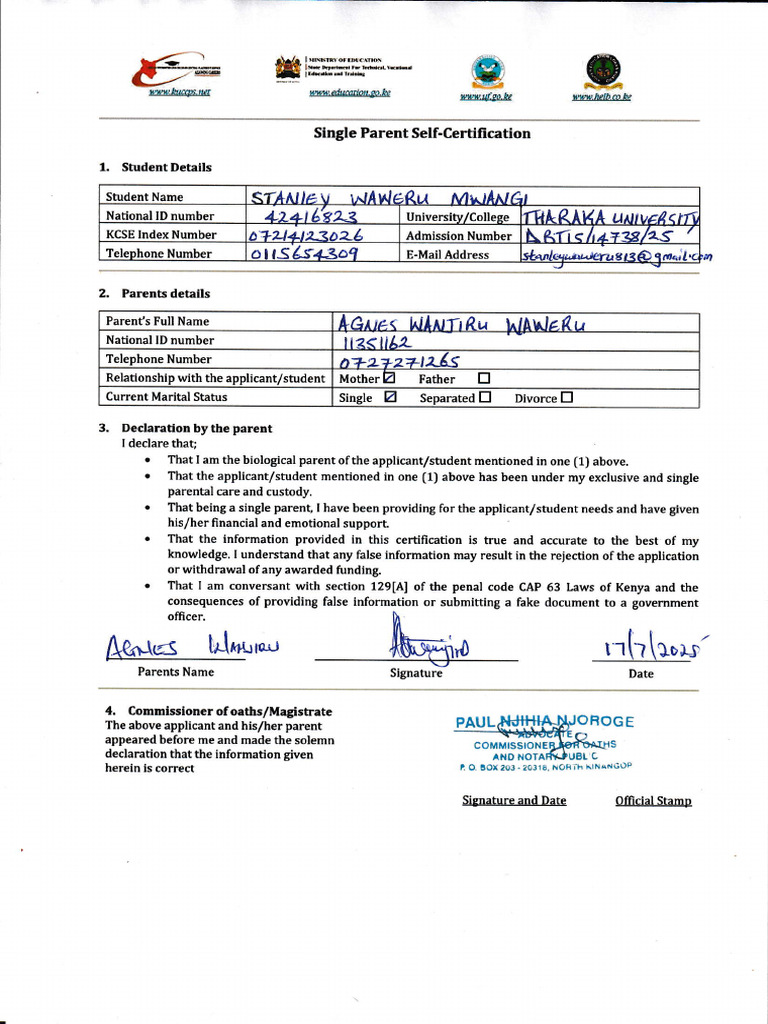 Single Parent Self-Certification Form | PDF