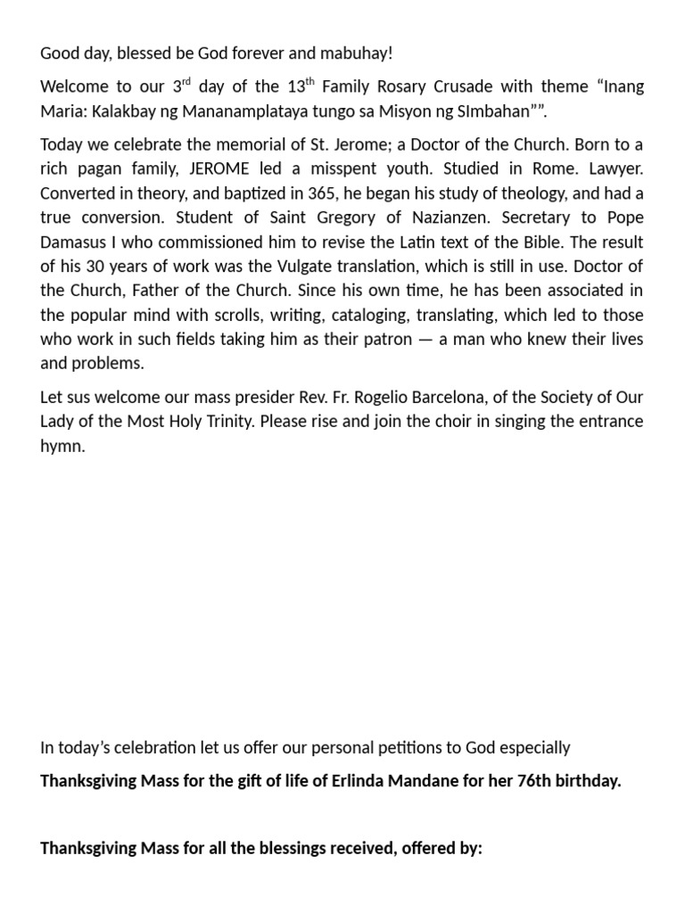 Family Rosary Crusade Day 3 Mass | PDF