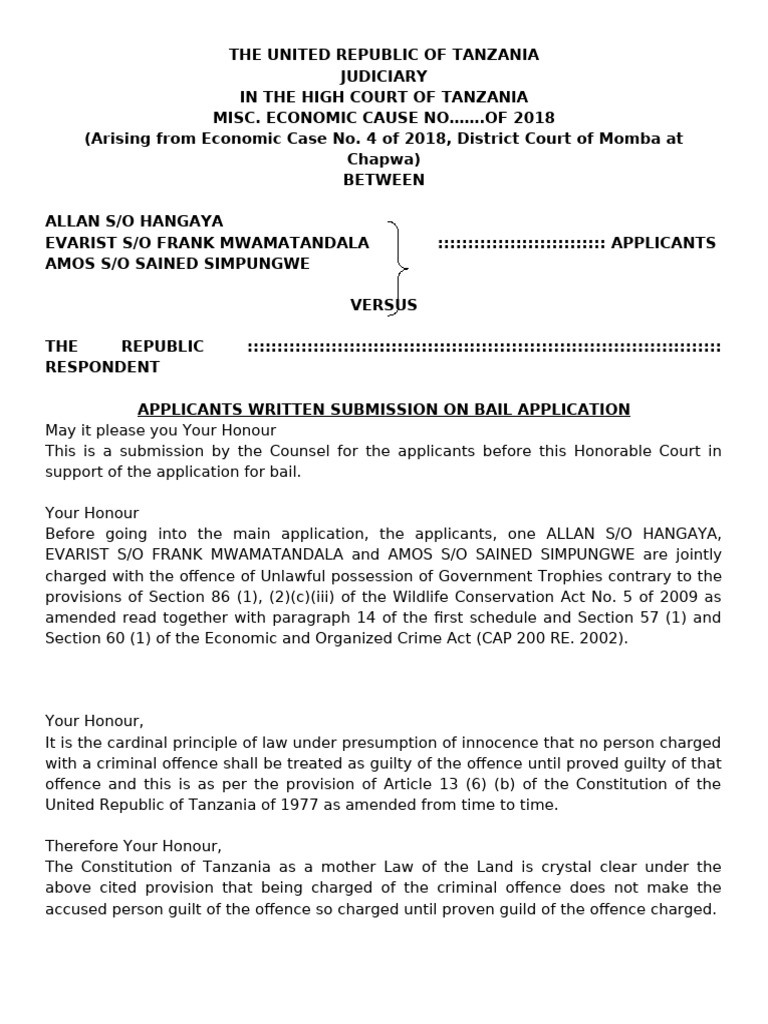 Tanzania High Court Bail Application Submission | PDF | Bail | Crimes