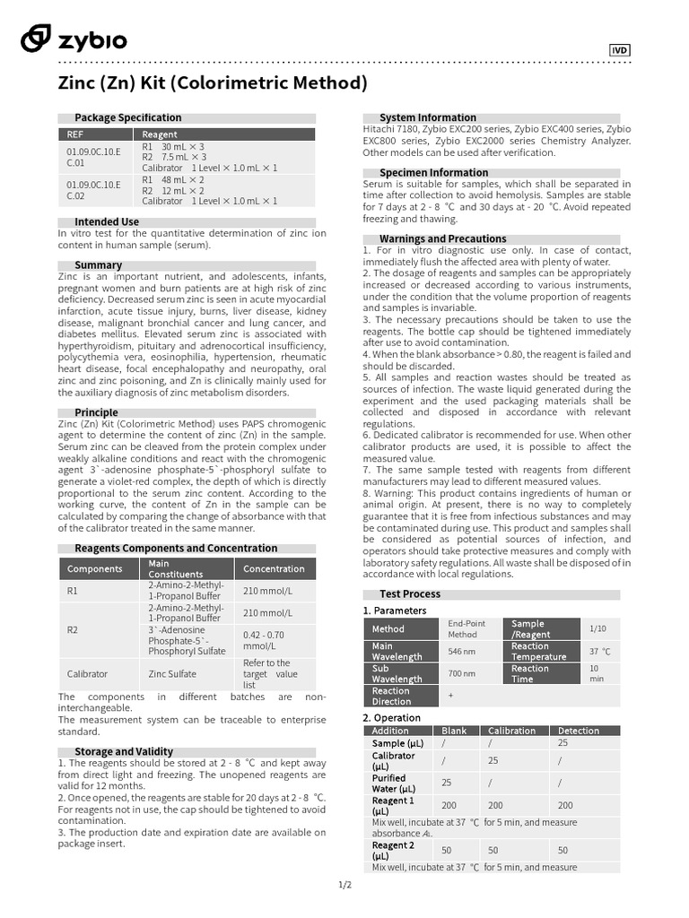Zinc Colorimetric Test Kit Details | PDF | Zinc | Infection