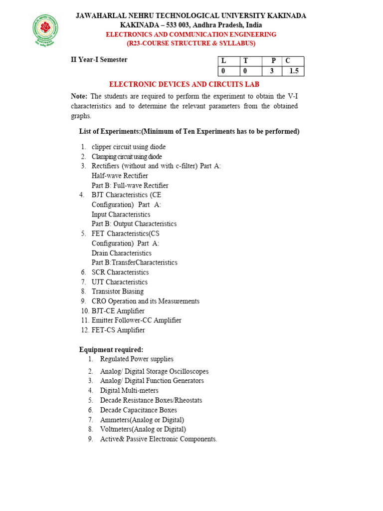 Electronics Lab Syllabus for ECE Students | PDF