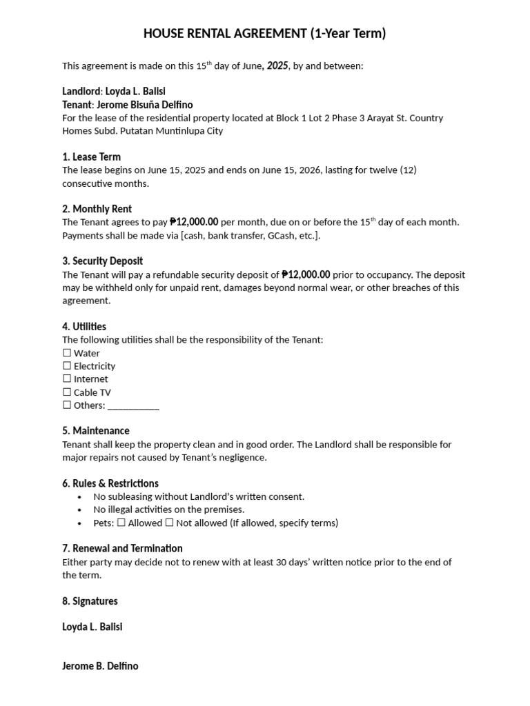 1-Year House Rental Agreement | PDF