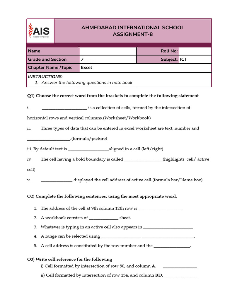 Excel Assignment for Grade 7 Students | PDF | Worksheet | Microsoft Excel