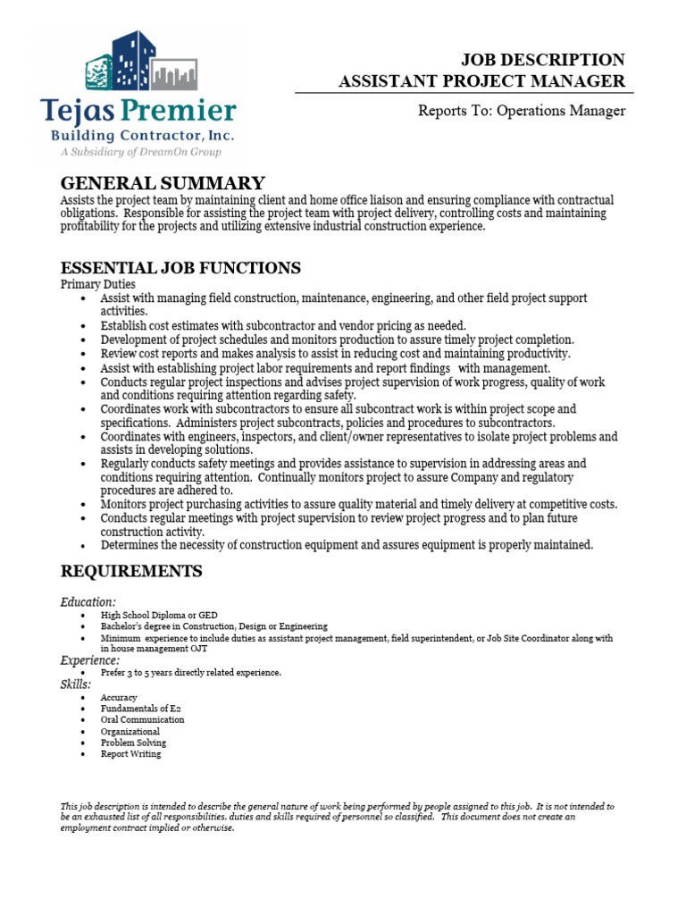 Assistant Project Manager Job Description | PDF | Subcontractor | Business