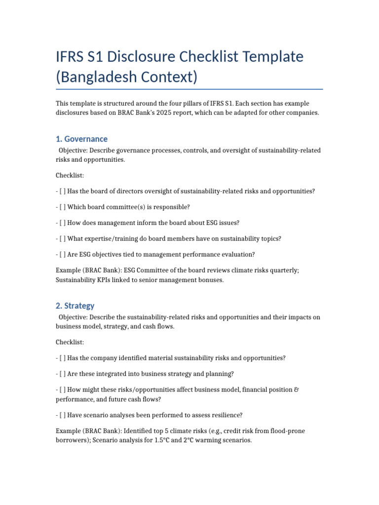 IFRS S1 Disclosure Checklist Template | PDF | Risk | Business