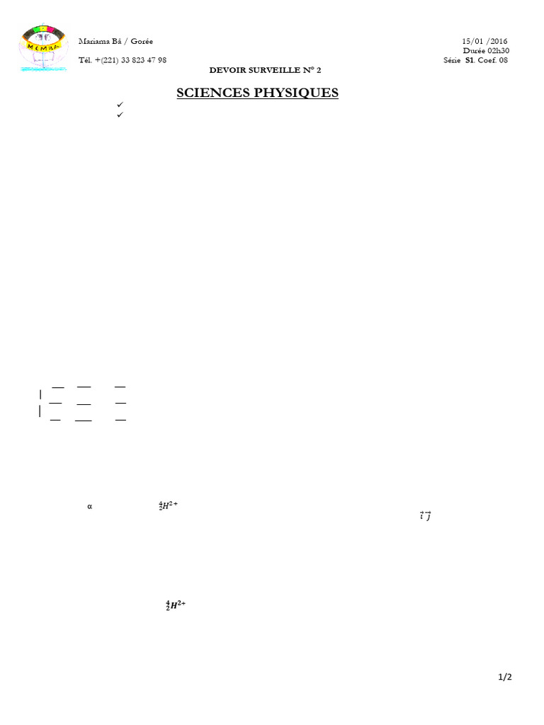 Exercice de Sciences Physiques N°2 | PDF | Vitesse | Sciences physiques
