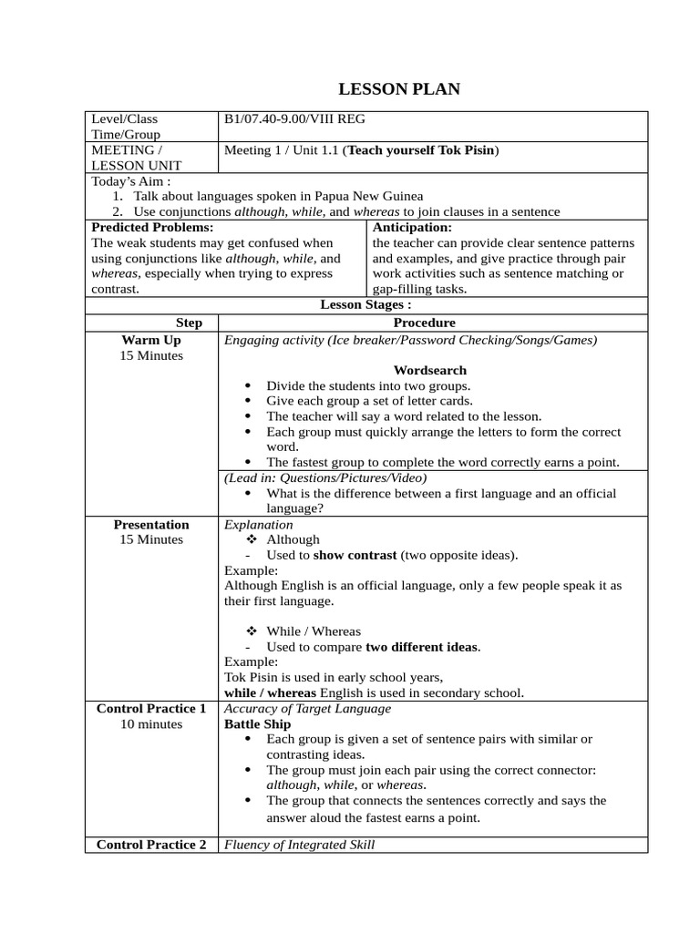 Lesson Plan 1.2 - Grade 8 | PDF | Sentence (Linguistics) | English Language