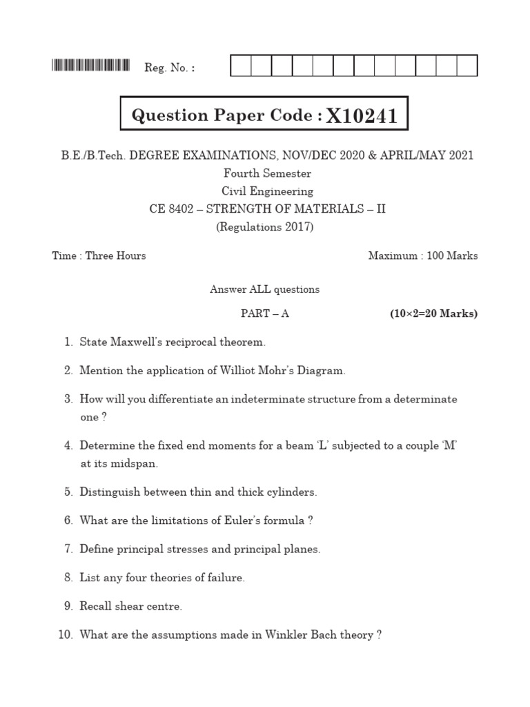 CE8402 Strength of Materials II Exam | PDF | Stress (Mechanics) | Bending