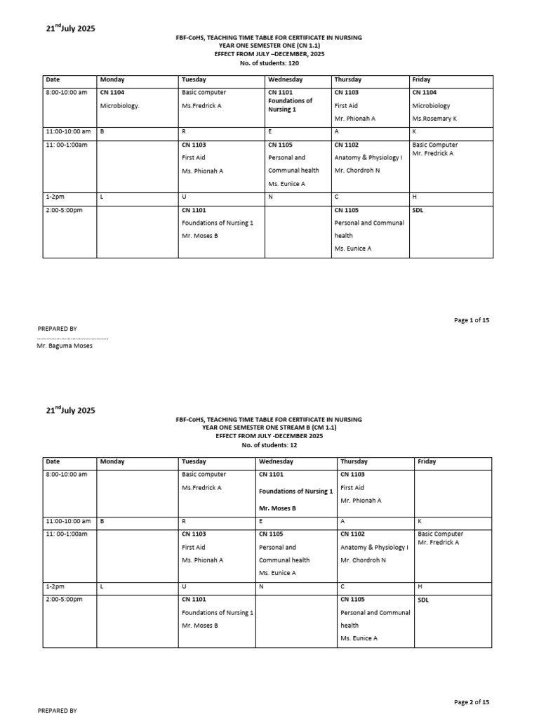 Nursing Certificate Timetable 2025 | PDF | Health Care | Public Services