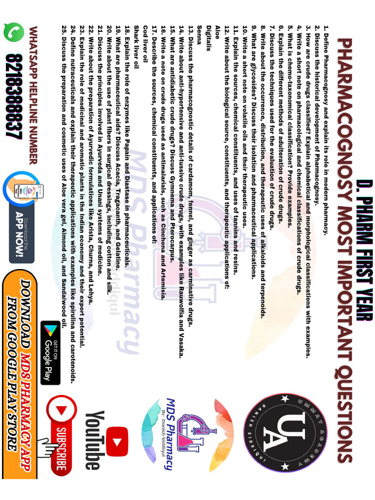 D Pharm 1st Year Most Important Questions by MDS Pharmacy. | PDF
