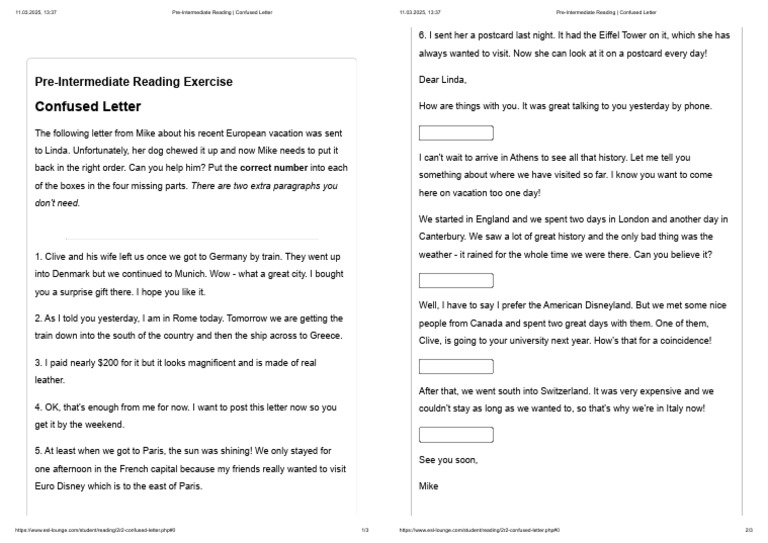 Pre-Intermediate Reading: Confused Letter | PDF