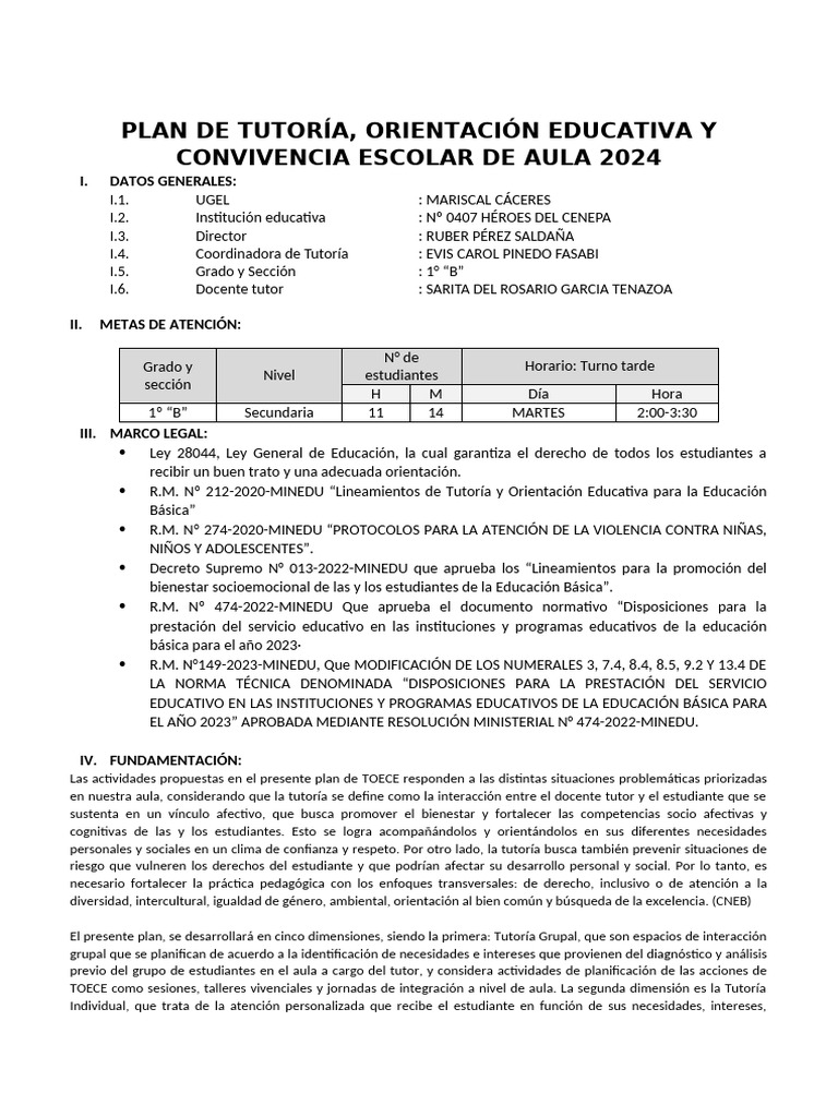 Plan de Tutoría y Convivencia Escolar 2024 | PDF | Salón de clases ...
