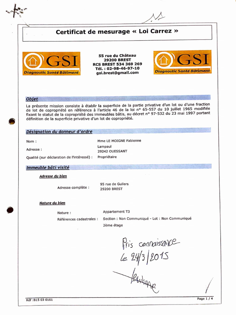 Certificat de mesurage Loi Carrez | PDF | Problèmes environnementaux ...