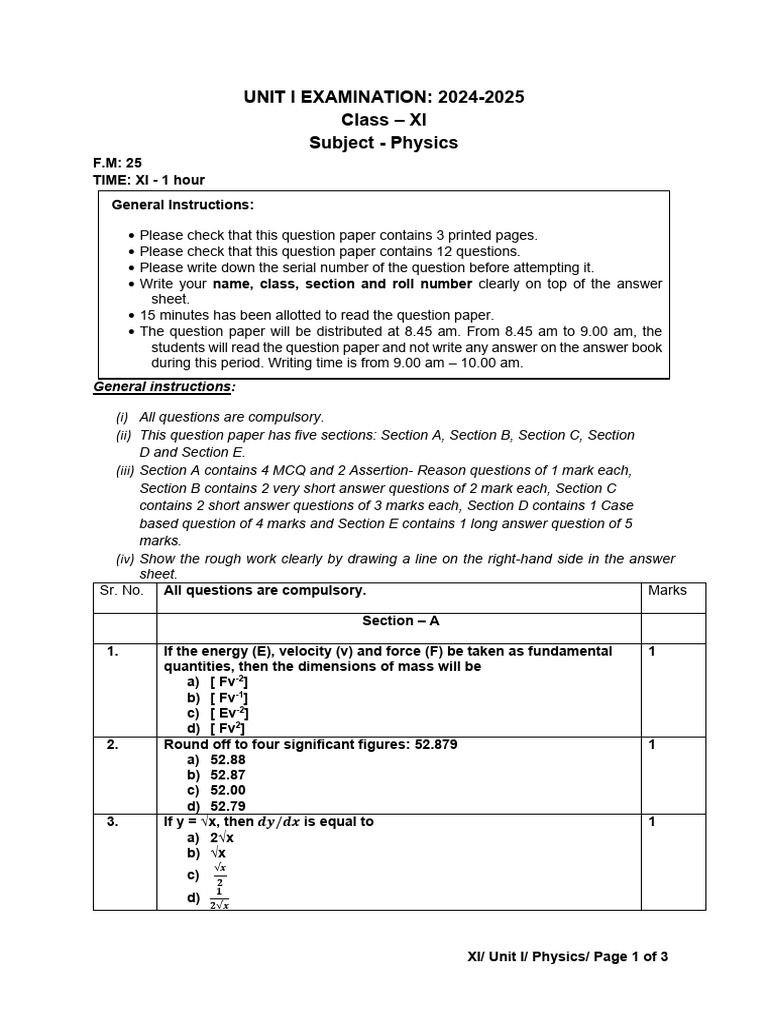 Class XI Physics Unit I Exam 2024-25 | PDF | Physical Phenomena | Metrology