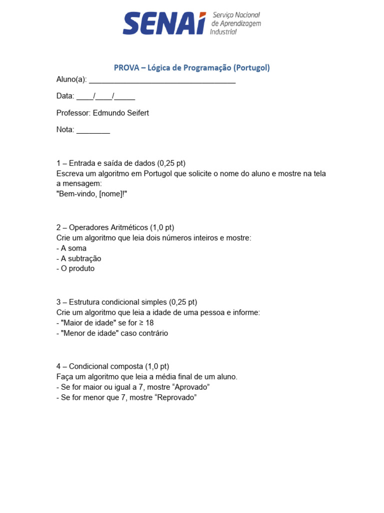 Prova de Lógica em Portugol | PDF