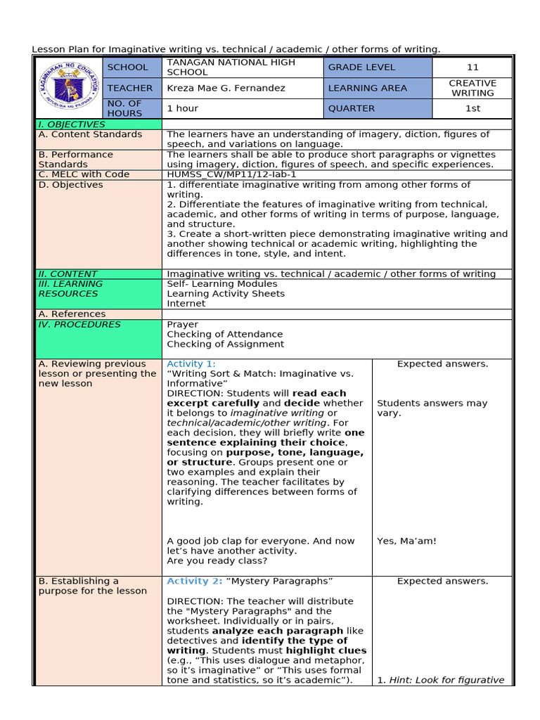Imaginative vs. Technical Writing Lesson | PDF | Writing | Teachers