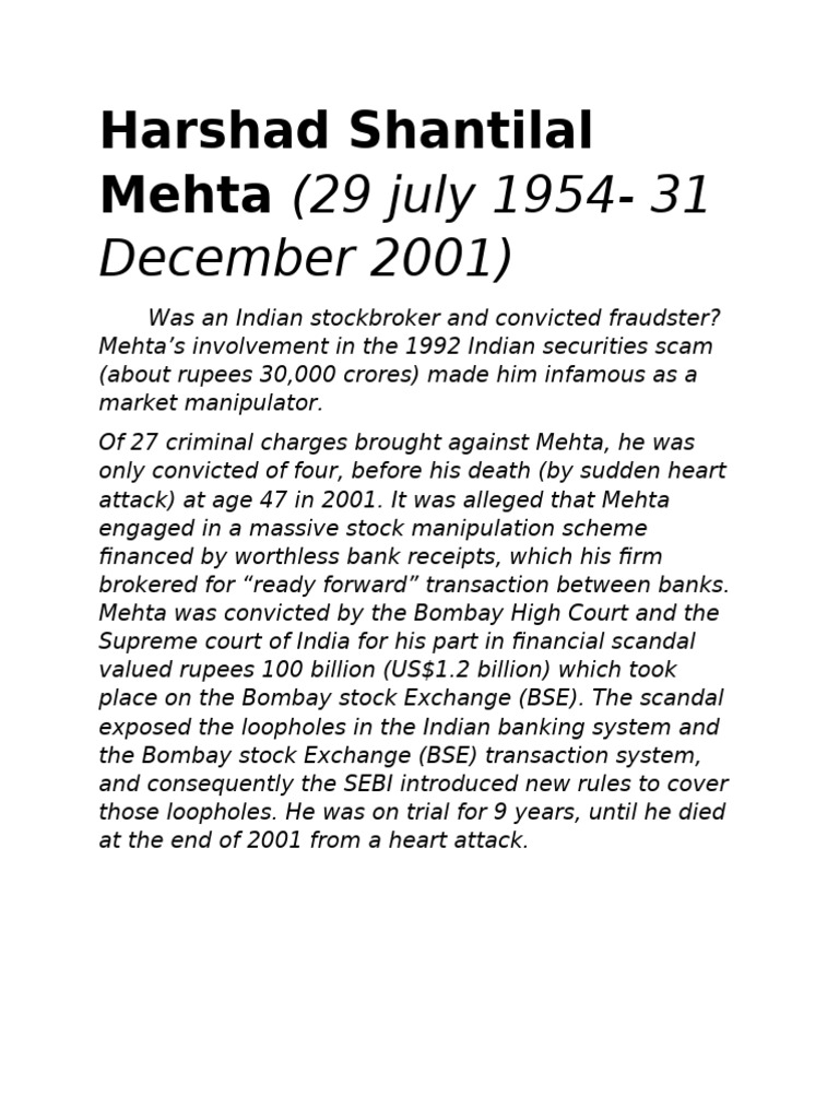 Harshad Shantilal Mehta | PDF | Securities (Finance) | Investments ...