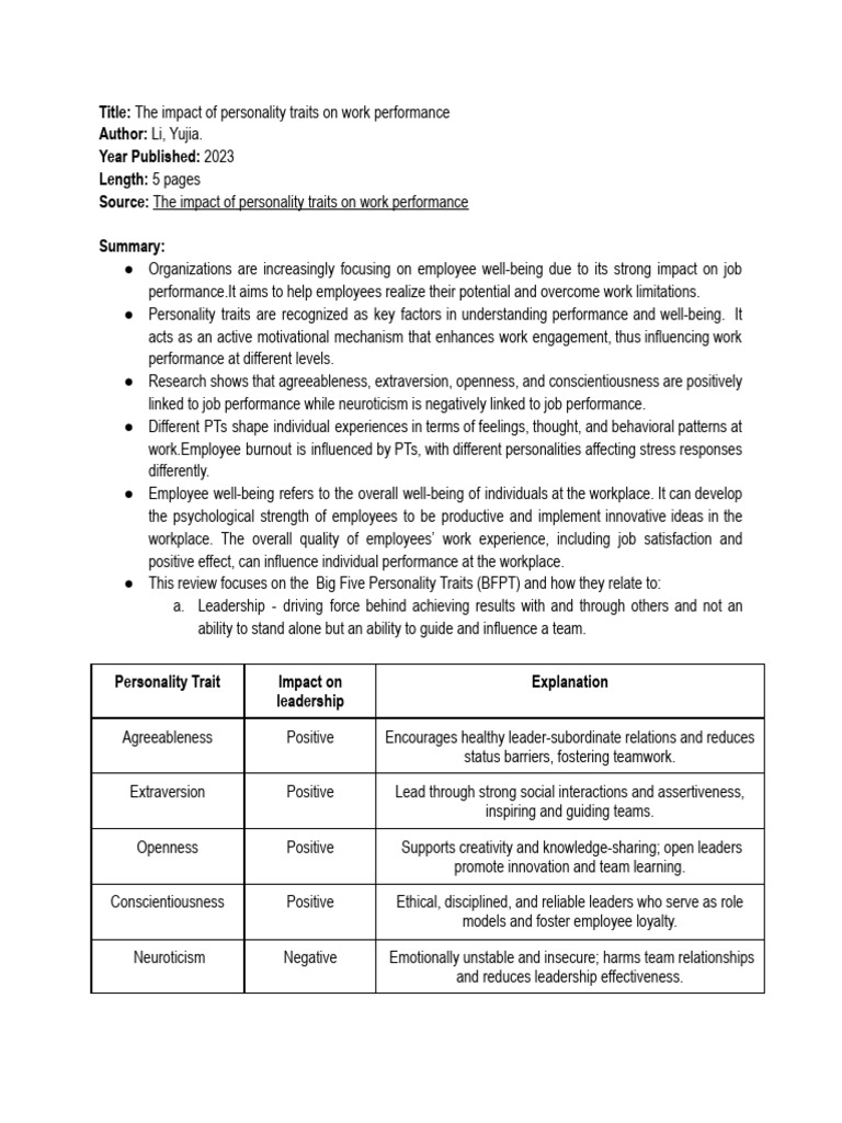 Personality Traits and Work Performance | PDF | Leadership ...