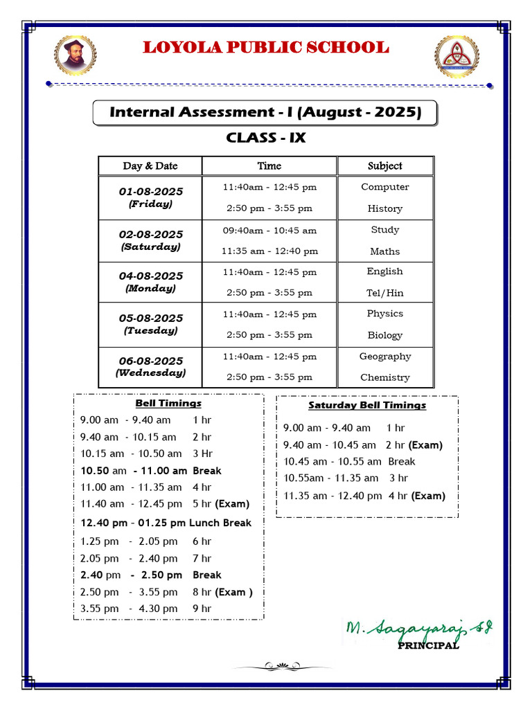 Grade 9 Internal Exam Timetable 2025 | PDF