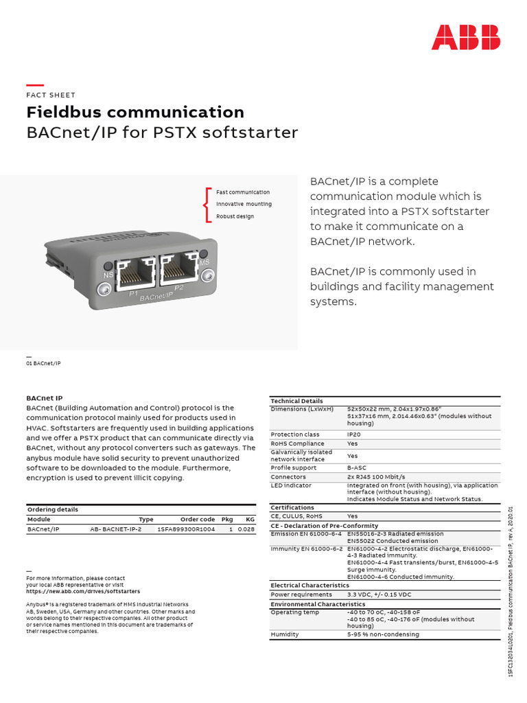 BACnet IP PSTX Softstarters 1SFC132034L0201 | PDF | Computer ...