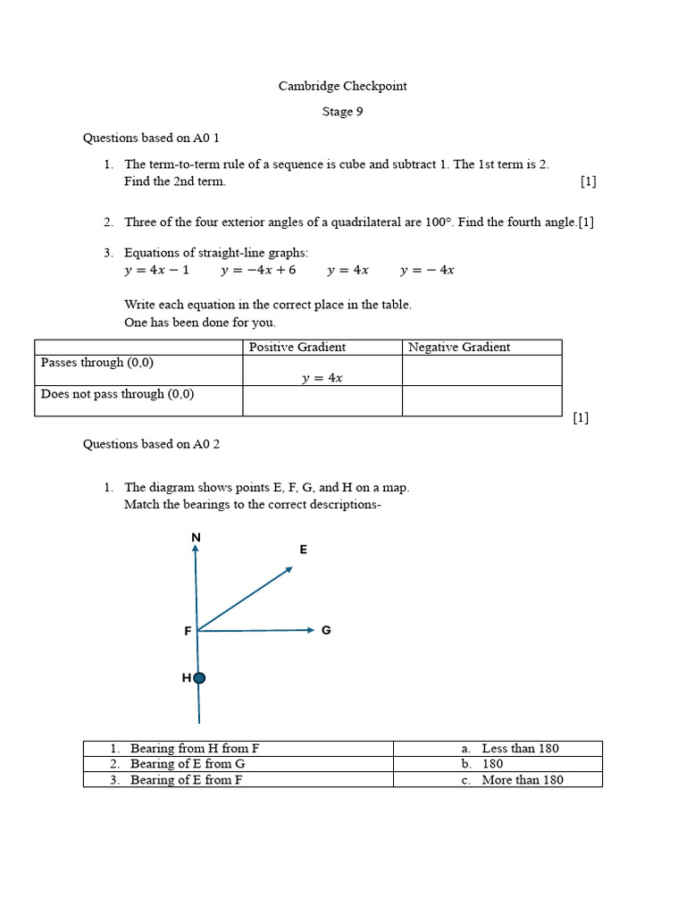 Cambridge Checkpoint Stage 9 Math Questions | PDF