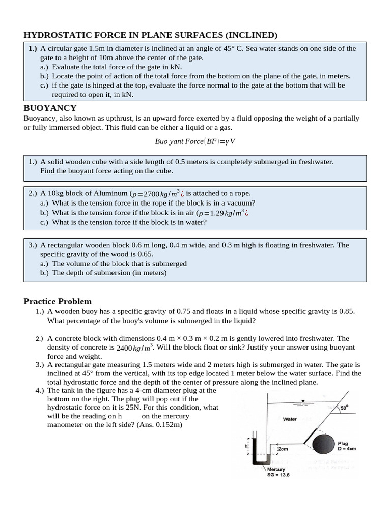 Hydrostatic Forces and Buoyancy Explained | PDF | Buoyancy | Continuum ...