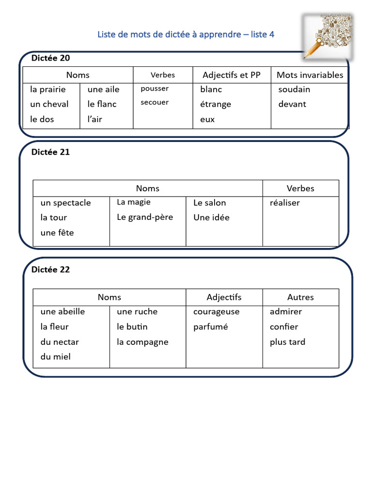 Mots de dictée à apprendre - Liste 4 | PDF
