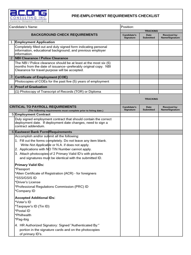 Pre-Employment Requirements Checklist | PDF | Identity Document | Birth ...