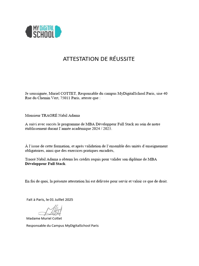 Attestation de réussite MBA Full Stack | PDF