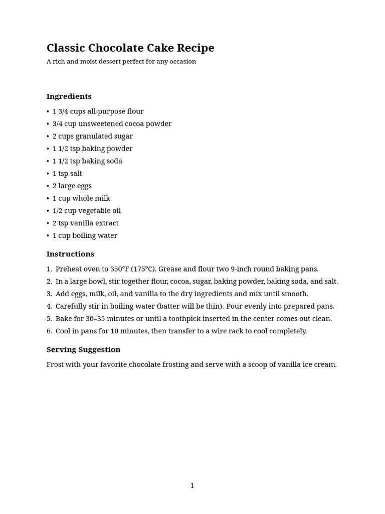 Classic Chocolate Cake Recipe | PDF