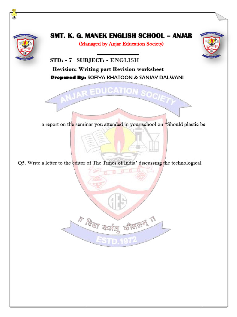 CLASS 7 Writing Part Revision Worksheert | PDF