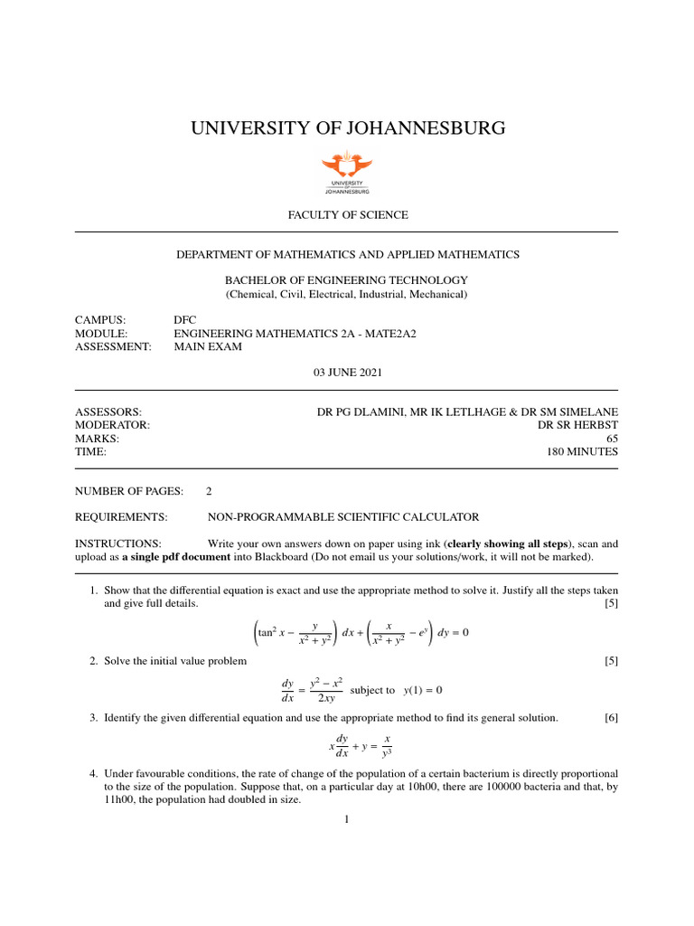 Engineering Mathematics 2A Exam Paper | PDF | Differential Equations ...