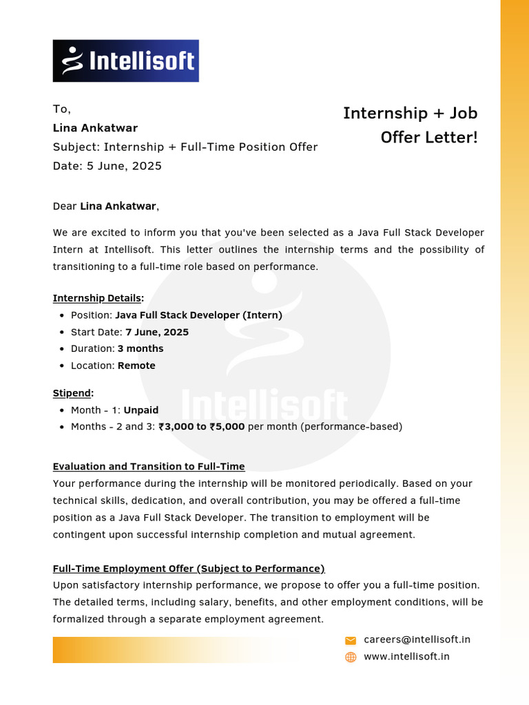 Intellisoft Internship Offer Letter | PDF | Internship | Job Hunting