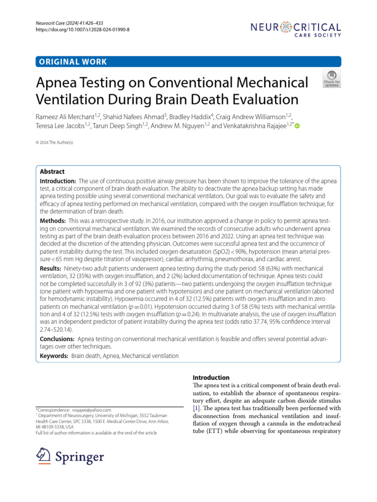 Apnea Testing in Brain Death Evaluation | PDF | Apnea | Breathing