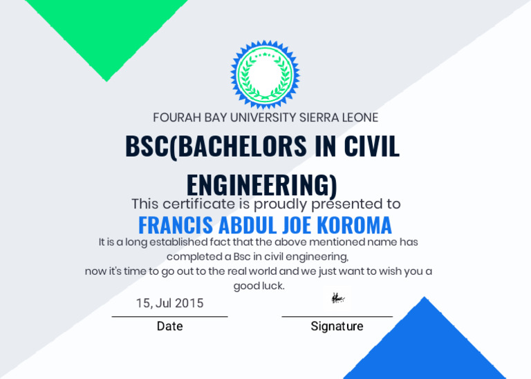 BSc Civil Engineering Certificate - Fourah Bay | PDF